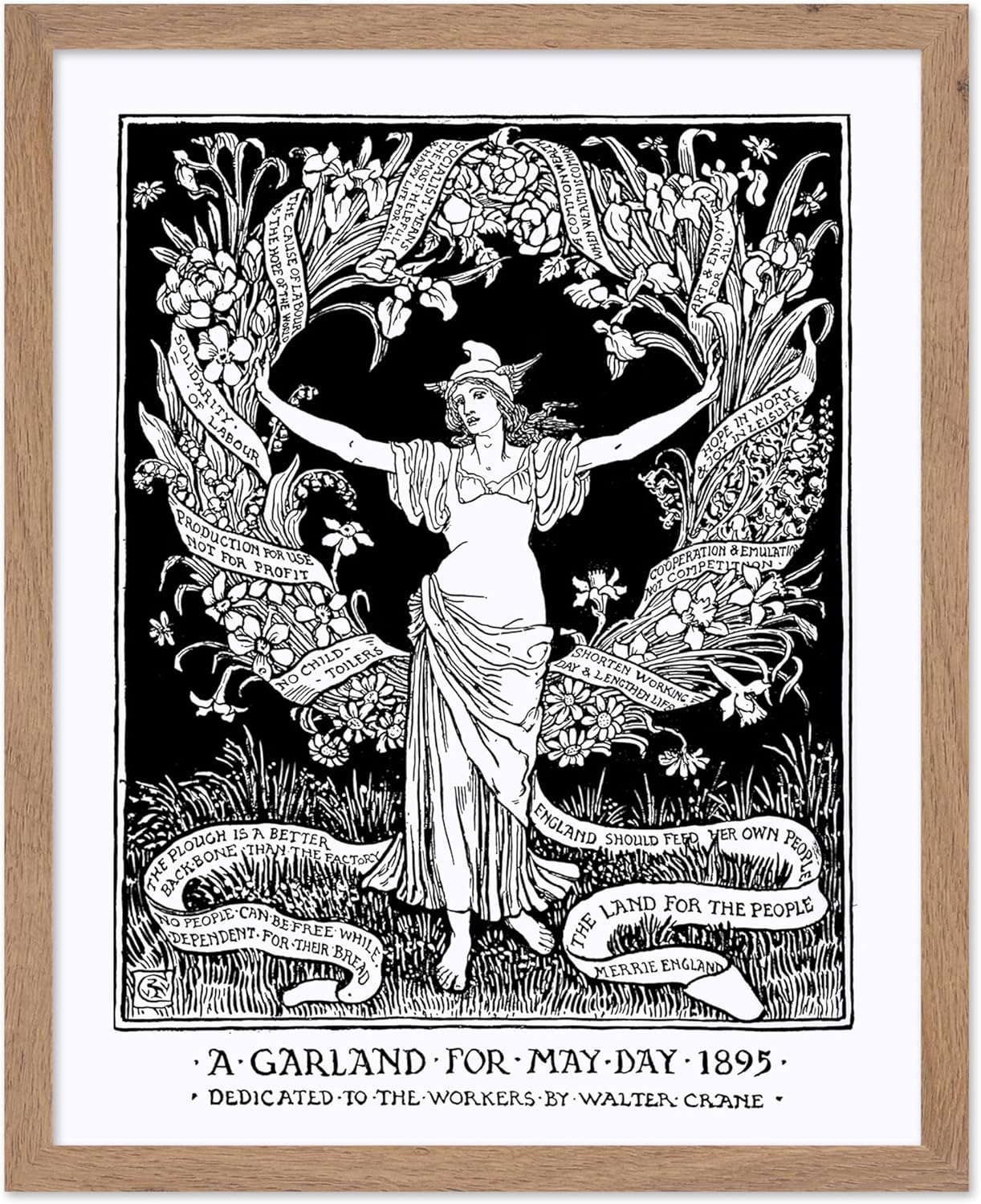 Poster Master Vintage Walter Crane Poster - Retro A Garland for May Day Print - Socialist Art - Gift for Him, Her, Men, Women - Wall Decor for Home, Office, Living Room, 11x14 Beige Framed