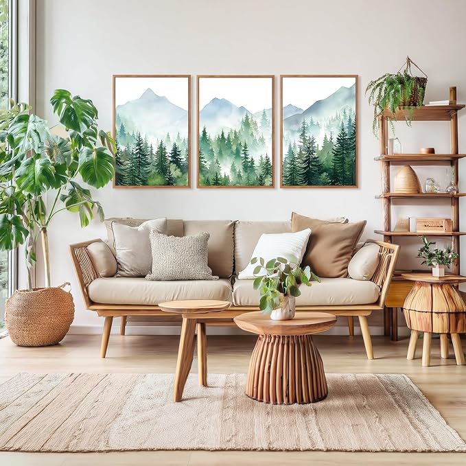 CHDITB Mountain Landscape Framed Canvas Wall Art(16"x24"), 3 Panels Boho Nature Forest Artwork Prints, Large Abstract Modern Green Pine Trees Art Decor for Bedroom Living Room Office