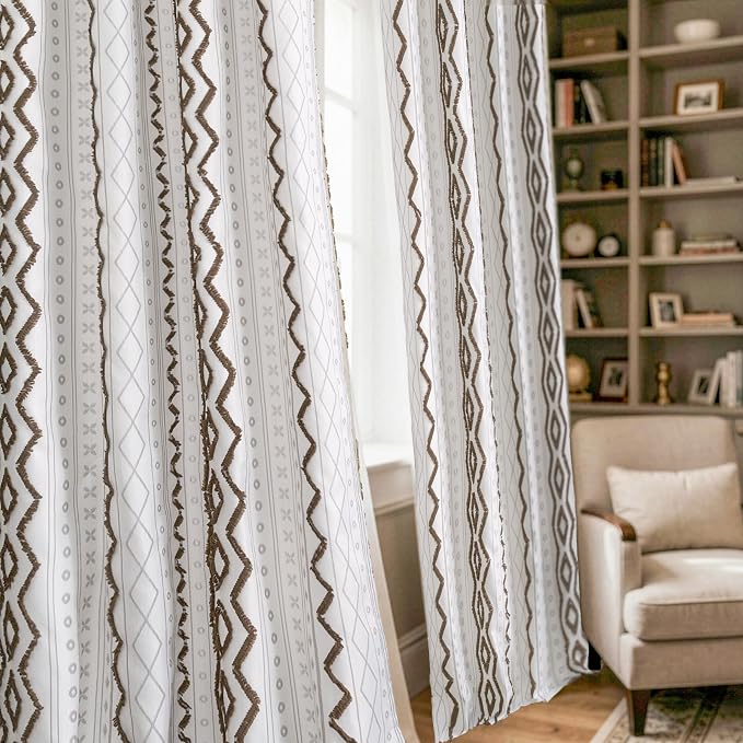 BGment Jacquard Brown Linen Curtains for Living Room, Boho Tufted Pom Stripe Modern Farmhouse Drapes for Bedroom Light Filtering, 52 X 84 Inch, 2 Panels