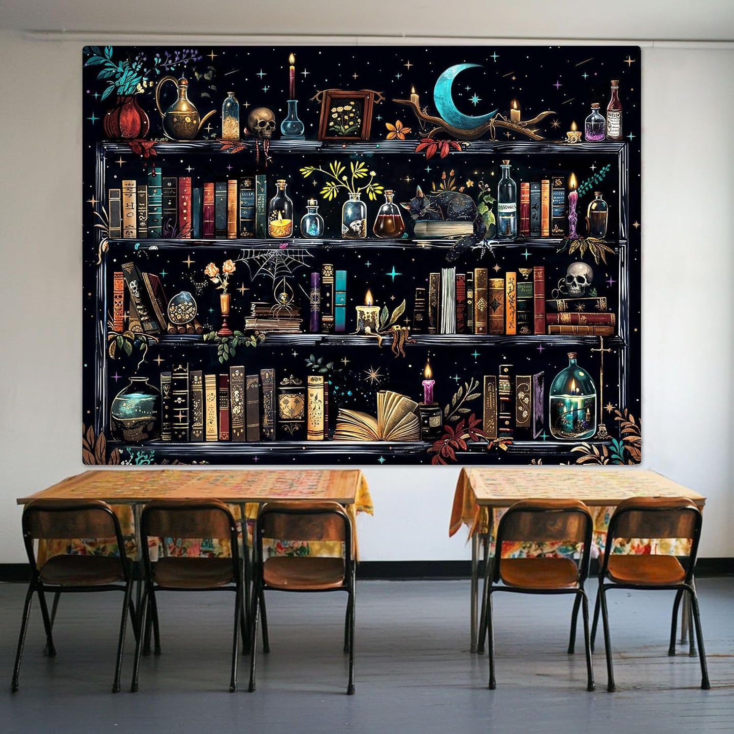 Accnicc Magic Bookshelf Tapestry Magical Witchy Potion Dark Hippie Haloween Tapestries Wall Hanging Gothic Skull Black Cat Library Book Small Tapestry for Bedroom Living Room Dorm 60 x 44 inch
