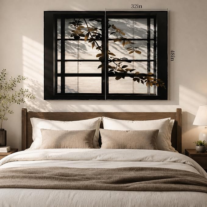 CCPEAR Large Framed Neutral Abstract Wall Art for Living Room, Set of 2 Botanical Window Shadow Wall Art, Black and White Leaf Silhouette Canvas Print, Minimalist Modern Wall Decor for Living Room Bedroom, 32x48 Inch