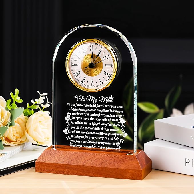 Arikyrist Glass Clock Gifts for Mom from Daughter Son with Wooden Light Base, Personalized Gift for Mom Who Has Everything on Birthday Mother's Day, Present for Mother on Christmas Home Desk Clock