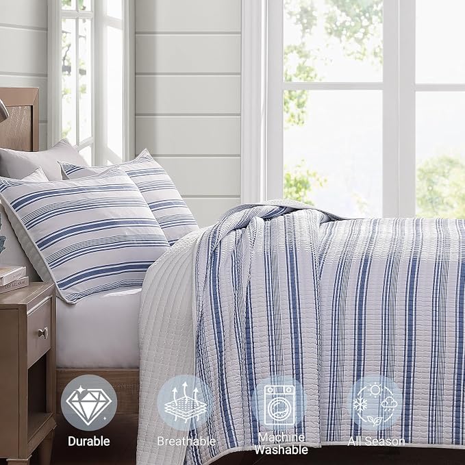 WRENSONGE Striped Queen Quilt-3 Pieces Lightweight Bedspread Blue White Quilt Queen Size Quilt Bedding Set for All Seasons, Soft Summer Reversible Nautical Coverlet with 2 Pillow Shams