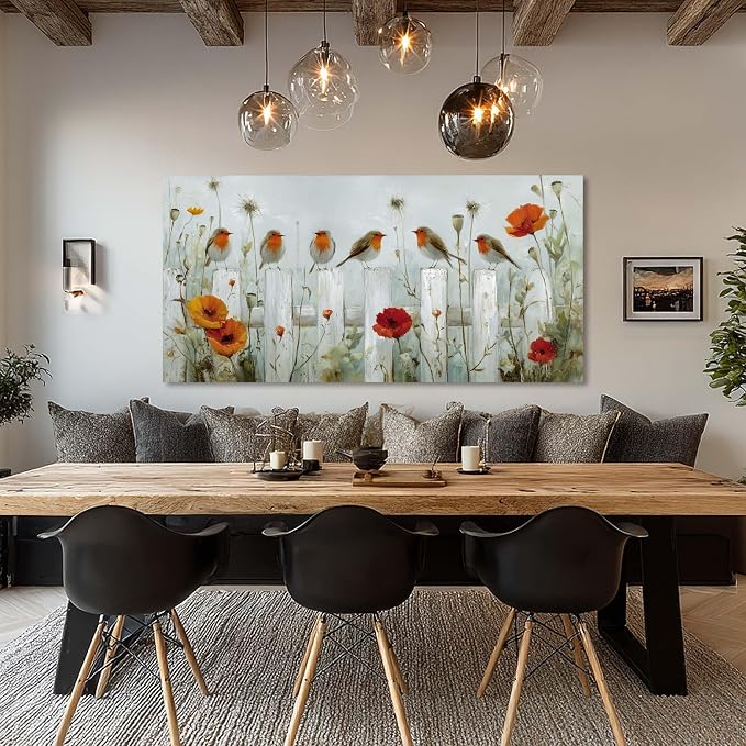 Ggaafet Garden Birds Wall Art for Living Room Canvas Oil Painting Prints Cute Sparrow on Fence Art Deco Nature Artwork Office Bedroom Family Dining Room Decor Extra Large