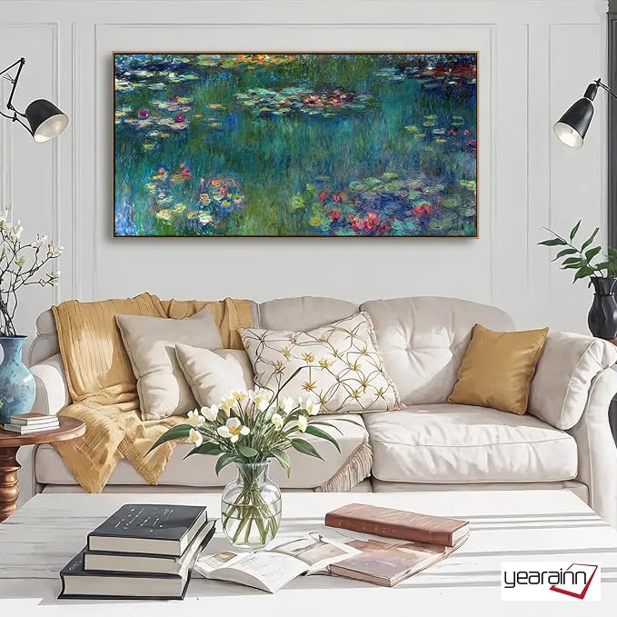 yearainn Framed Wall Art Canvas Prints Water Lilies by Claude Monet | Large Garden Artwork Green Landscape Contemporary Nature Pictures for Living Room Bedroom Home Office Decor 20" x 40"