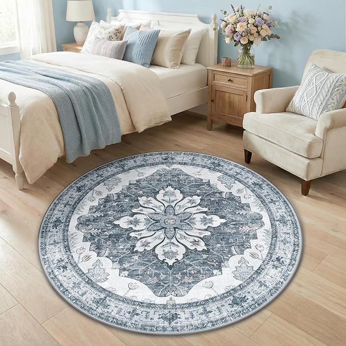 RELEANY Area Rugs 4ft Washable Non-Slip, Floral Vintage Distress Print Pattern Medallion Carpet for Living Room Bedroom Dining Room, Light Gray Grey White