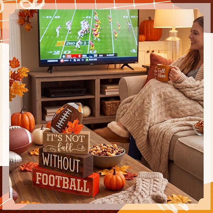 Yuntau 4 Pcs Football Fall Table Decorations Football Tiered Tray Decor Spring Wooden Sign Soccer It's Not Fall Without Centerpiece Decorative Faux Book Block Sign for Coffee Table Mantel Shelf