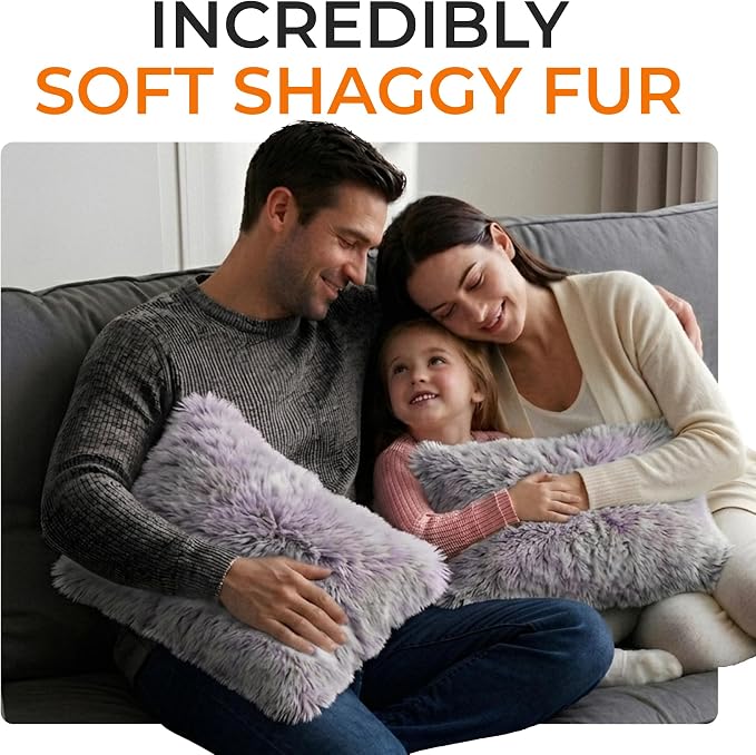 Cheer Collection Throw Pillows for Couch and Bed, Soft Shaggy Throw Pillows with Inserts Included, Cozy Long Hair Faux Fur Pillows - Set of 2-12" x 20" - Purple