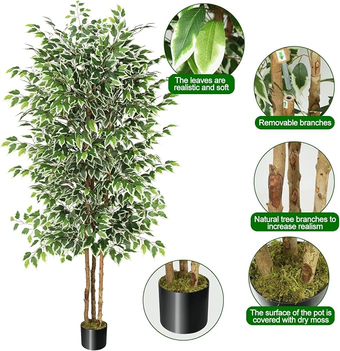 GTIDEA 7ft Large Ficus Artificial Tree with Natural Trunk, 84" Tall Faux Tree for Home Decor Indoor, Lifelike Silk Tree Fake Plants for Living Room Covered Porch Office Corner Decor (NO VASE INCLUDED)