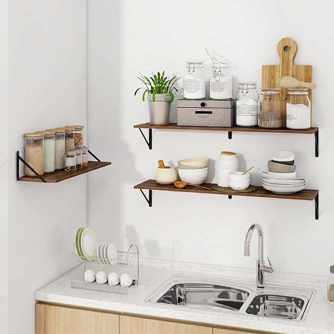 Vivelove 8 Inch Deep Floating Shelves for Wall, 36W x 8D Wood Wall Shelves Set of 3, Walnut Wide Floating Bookshelf for Living Room, Kitchen, Office, Bedroom, with Black Metal Bracke - Walnut