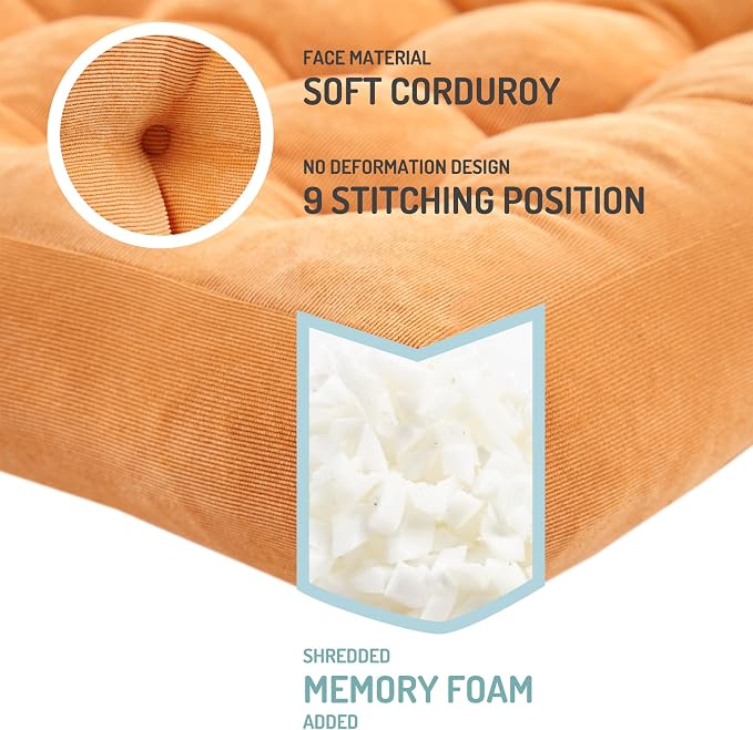 Degrees of Comfort Floor Cushion 6 Pack for Meditation, Office & Lounge – Corduroy Soft Seating Set, 22 Inch, High-Density Foam, Square Shape, Yellow