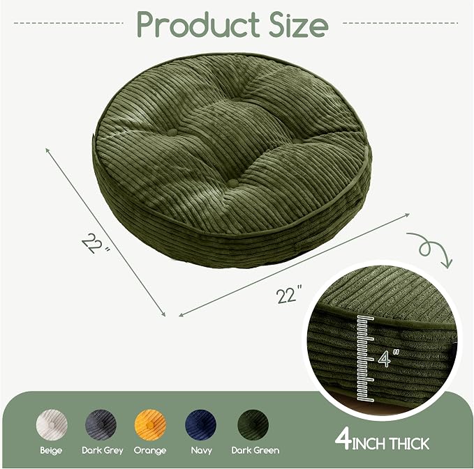 HIGOGOGO Floor Pillow Cushion for Adults, Meditation Cushion Pillow, Large Round Floor Sitting, Tufted Corduroy Cover, for Tatami Living Room or Yoga, 22x22 Inch, 2Pack, Dark Green