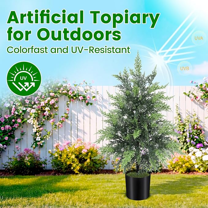 ENVEN Outdoor Artificial Topiary Cedar Tree Real Touch Faux Pine Evergreen Shrub Plant UV Resistant Greenery Tree with Pot Realistic Cypress Front Porch Decor (2FT-1Pack)
