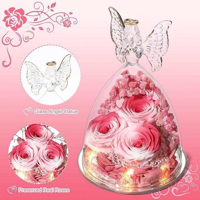 Mothers Day Rose Gifts for Women Preserved Real Flower in Glass Angel Figurines Roses for Delivery Prime Birthday Gifts for Mom Grandma Girlfriend Wife Her, Pink White