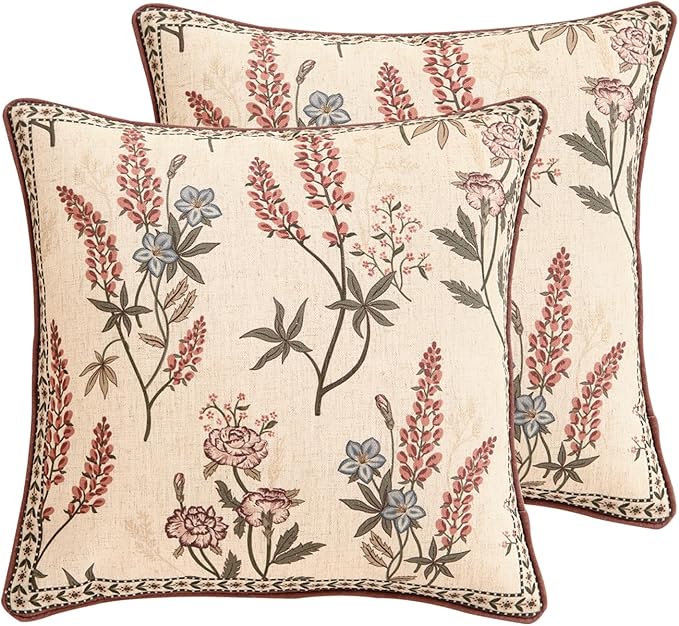 ISAENNE Designer Linen Throw Pillow Cover,Set of 2,18"x18"-Helena A | Vintage Elegant French Square Pillow Cover,Concealed Zipper Design,Floral Pattern,Sofas,Bedroom,Living Room,Lounge Chairs
