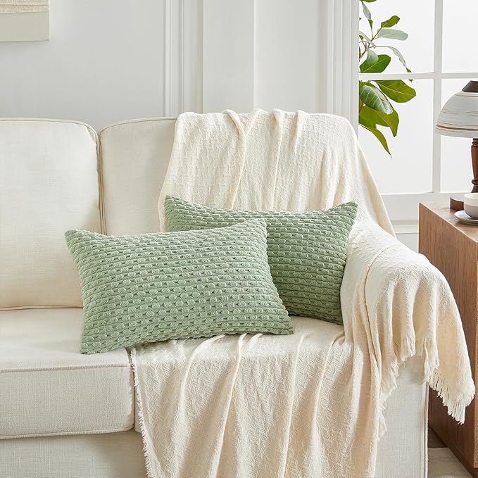 Fancy Homi 2 Packs Sage Green Long Lumbar Decorative Throw Pillow Covers 14x24 Inch for Couch Bed Sofa, Modern Farmhouse Boho Home Decor, Soft Cute Plush Corduroy Rectangle Cushion Case 35x60 CM