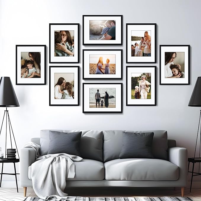 Picrit 11x15 Picture Frame Set of 12, Display 8.5x11 with Mat or 11x15 without Mat, Photo Frames for Wall Mounting Display, Black