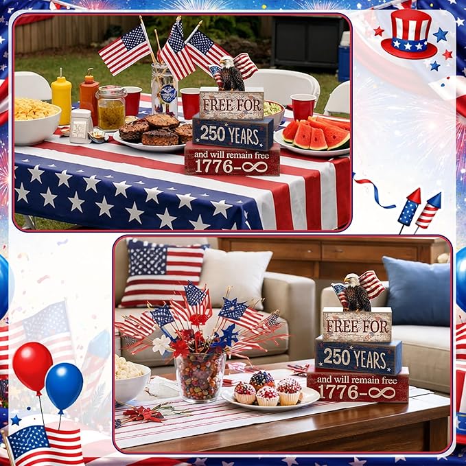 CroBlissful 4 Pcs 250th Anniversary 4th of July Decorations Patriotic Memorial Day Tabletop Decorations America Eagle Red White Blue Table Centerpieces USA Sign for Office Tiered Tray Home Shelf