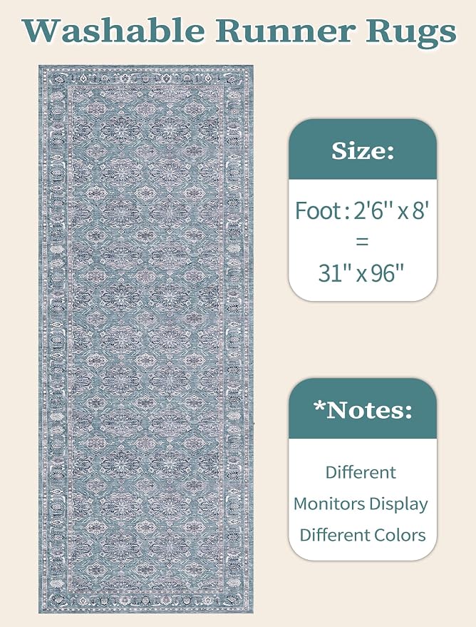 SERISSA Boho Washable Runner Rug, 2'6"x8' Non-Slip Vintage Floral Hallway Kitchen Runner Rug Ultra Soft Print Distressed Blue Grey Floor Carpet for Bedroom Bathroom Laundry Room