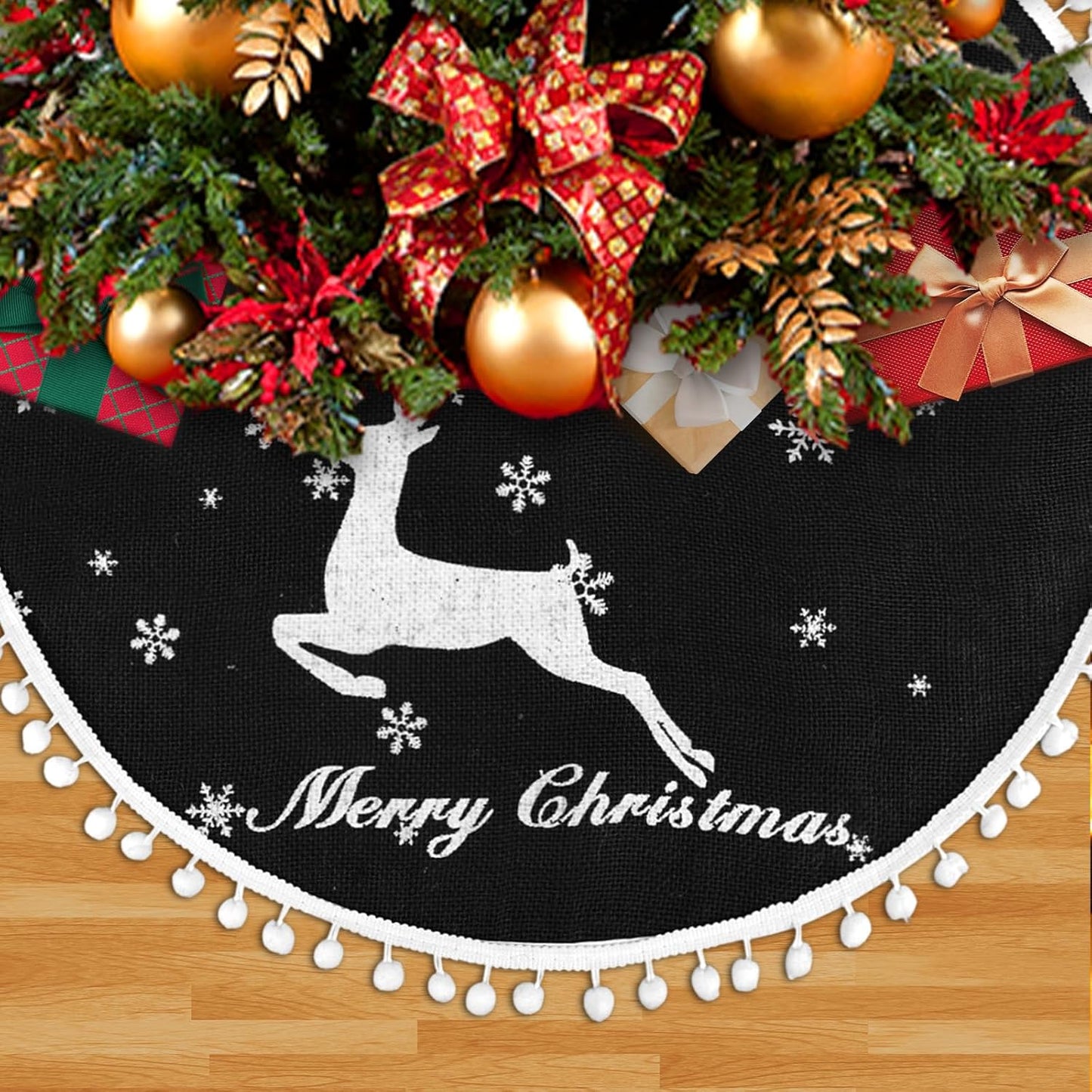 24 Inch Christmas Tree Skirt, Burlap Black Christmas Rustic Tree Skirt with Elk Deer and White Snowflake Printed for Holiday Party Xmas Tree Decoration