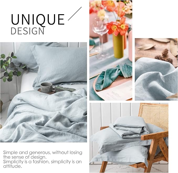 Simple&Opulence 100% Linen Duvet Cover Set 3pcs Basic Style Natural French Washed Flax Solid Color Soft Breathable Farmhouse Bedding with Button Closure - Dusty Blue, California King