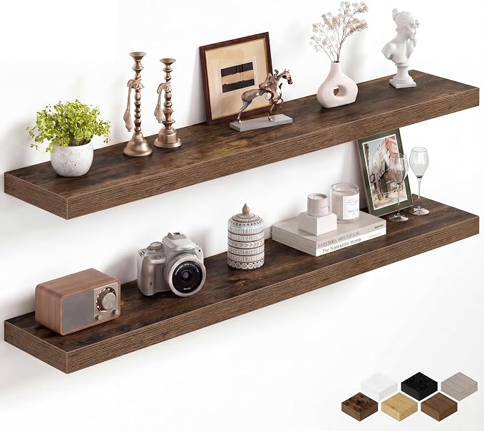 Fun Memories 48Inch Floating Shelves for Wall, 8 Inch Deep Shelves for Bathroom|Bedroom|Kitchen, Large Wall Mounted Wood Hanging Shelf with Invisible Brackets for Home Storage Decor, Brown - 2 Pack