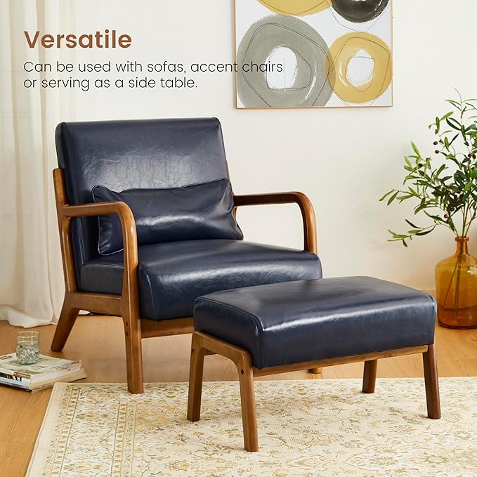 Glitzhome Foot Stool Pack of 2, Leatherette Wooden Step Stool, Modern Rectangle Ottoman Wide Vanity Stool with Cushion for Couch Living Room Bedroom Entryway, Navy Blue