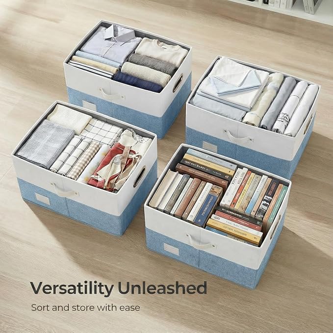 PRANDOM Storage Bins with Lids [3-Pack] Linen Fabric Foldable Storage Boxes Organizer Containers Baskets Cube with Cover for Bedroom Closet Office White&Blue (23.4X15.9X11.4)