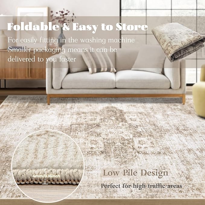 Area Rug 10x12 Washable Rug, Vintage Boho Medallion Rugs Non-Slip Soft Low Pile Large Distressed Rug Indoor Retro Carpet for Living Room Bedroom Dining Room Home Office (Brown, 10'x12')