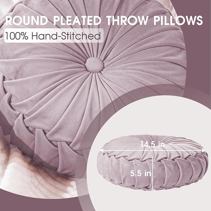 ROSE&RISY Round Pleated Velvet Throw Pillows, 2 Pack Decorative Accent Pumpkin Pillow Cushion for Couch Sofa Bed, Soft Plush Retro Vanity Throw Pillows for Home Decor, 14.5 Inch, Lavender