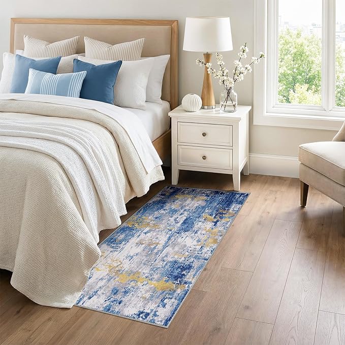 RELEANY Washable Area Rugs 3x6 Non-Slip Modern Abstract Soft for Living Room Entryway Bedroom Nursery, Print Pattern, Grey Blue Gold/Golden