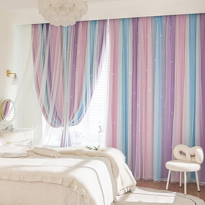 Extra Wide Curtains 84 Inches Long 100 Inch Wide for Girls Bedroom Patio Sliding Door Kids 80% Blackout Curtains for Nursery Room Darkening Rainbow Princess Unicorn Wall 1 Panel 100Wx84L Pink Purple