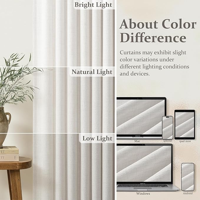 Off White Pinch Pleated Short Curtains 63 Inch Length 2 Panels Set for Kitchen, Memory Shape Semi Sheer Thick Natural Linen Textured Curtain Light Filtering Privacy Cafe Windows Drapes 50 Inches Wide