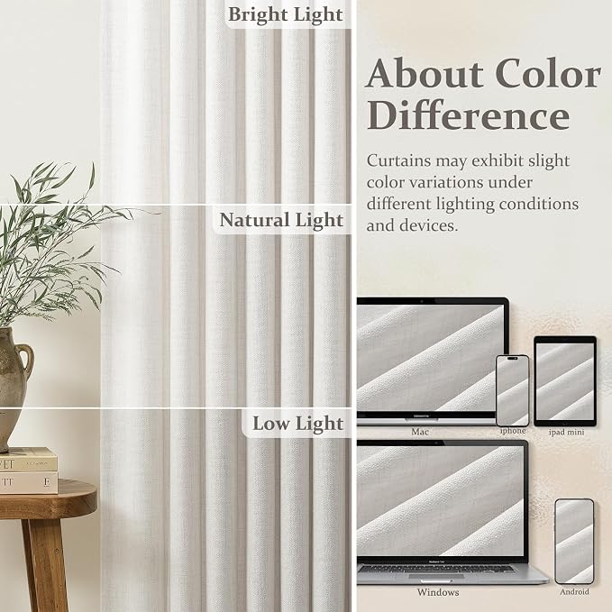 Linen Pinch Pleated Semi Sheer Sliding Door Curtains 84 Inches Long 4 Panels Set, Off White Memory Trained Light Filtering Heavy Window Curtain Privacy Country Viral Drapes for Bedroom 7FT Length
