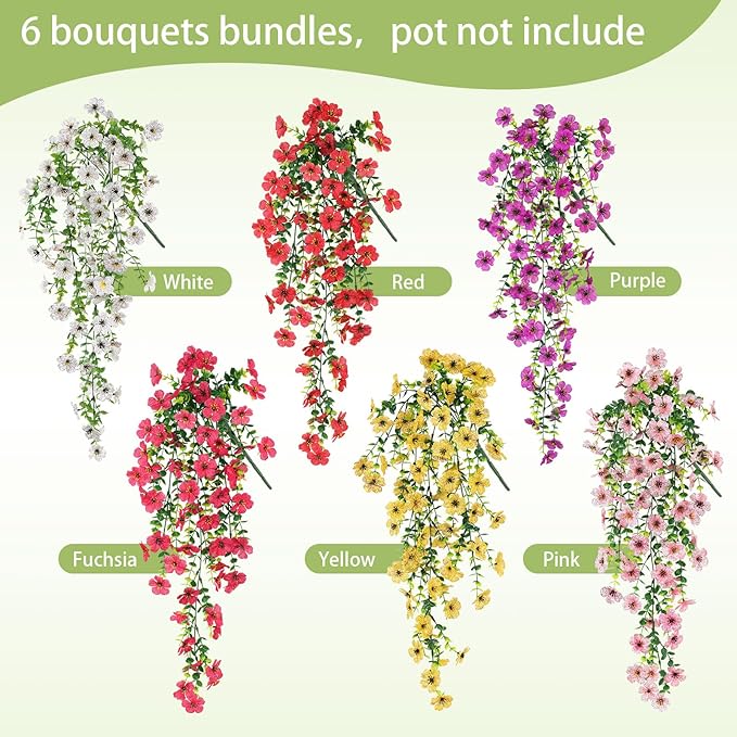 Artificial Flowers for Outdoors Spring Decor, 6 Bundles UV Resistant Realistic Faux Silk Hanging Flowers, Fake Plants for Planter Indoor Outside Garden Porch Patio Balcony Yard Farmhouse
