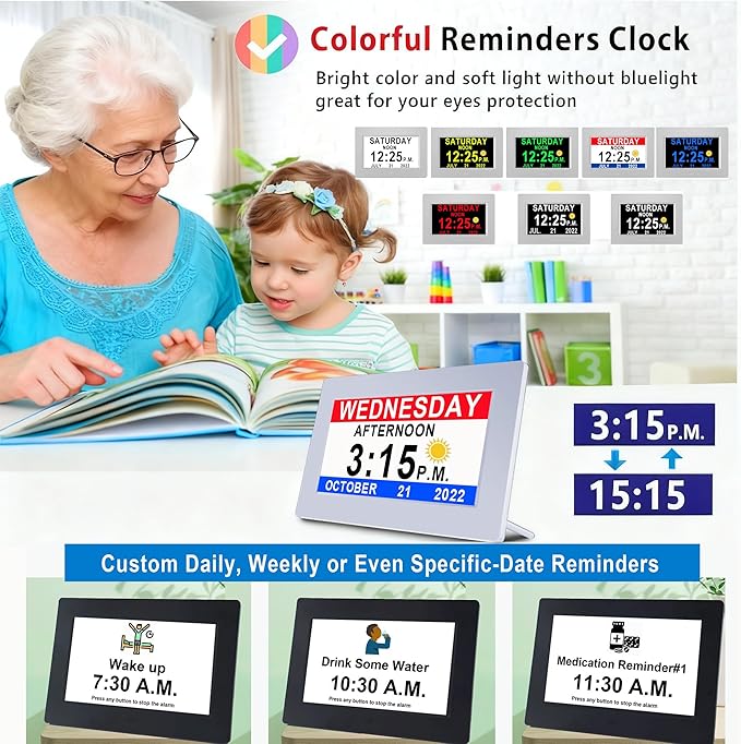 Upgraded Voice-Talking Dementia Clock with Date Time, 27 Alarms Custom Reminders, Sleep Trainer, Large Numbers, Auto DST, 10 Levels Night Dimmer, Digital Calendar Clock for Elderly, with 1.5M Adaptor