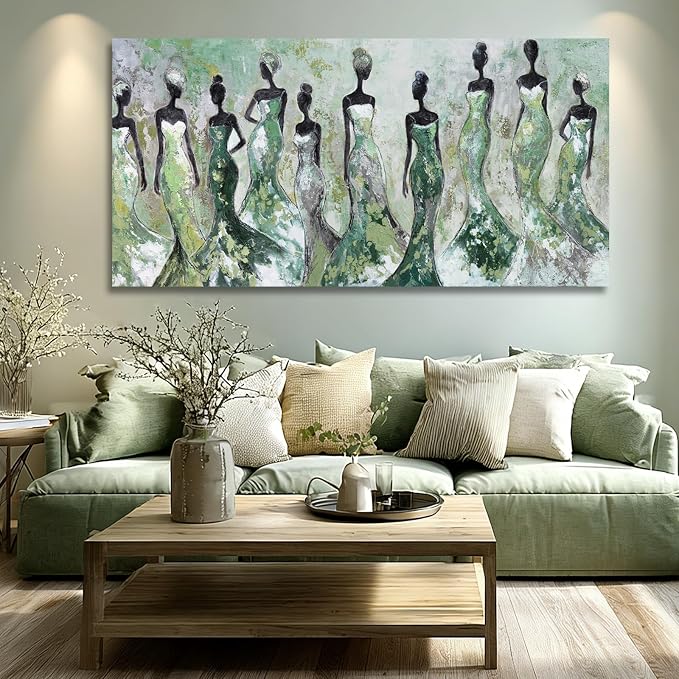 Dolidoteart Black Women Canvas Wall Art, Large Wall Decor for Living Room, Green White Women Wall Art Print for Bedroom Office, Modern Canvas Art, 29x58 Inch