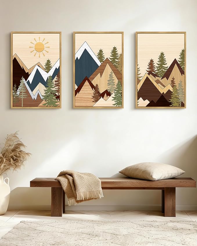 PHOPAGO Mountains Framed Wall Art Large 16x24in Morden Boho Woodcut Pine Tree Forest Nature Landscape Artwork Bohemain Farmhouse Living Room Rustic Home Decor - Natural Framed