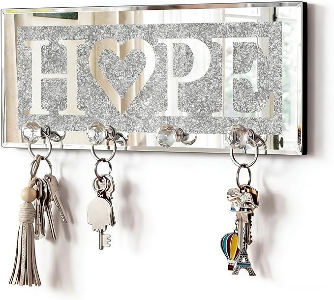 SHYFOY Crystal Clear Hooks Key Holder Key Hanger, Sparkly Mirrored Home Letters Plaque Sign for Decor, Silver Mirror Decoration Wall Art for Entryway Hallway Living Room, Hope Letter