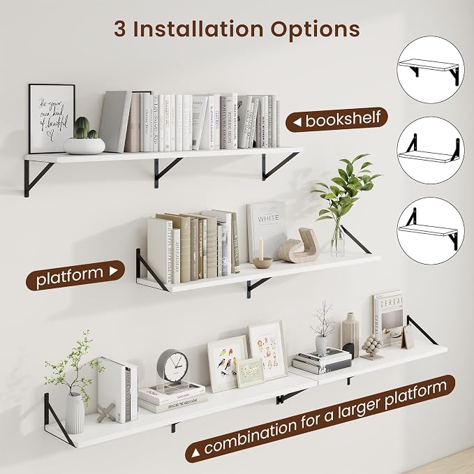 Axeman 48 Inch Floating Shelves | 10 Inch Deep White Wall Shelves Set of 2 | 48" W x 10" D White Wood Floating Shelves for Living Room Bathroom Kitchen