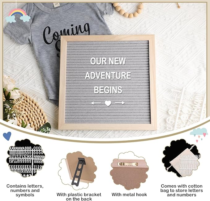 Canlierr 9 Pcs Pregnancy Announcement Set Pregnancy Reveal Ideas Felt Letter Board Baby Bodysuit Booties Photo Frame Bear Plush Wood Blocks for Coming Soon Baby Announcement(Gray)