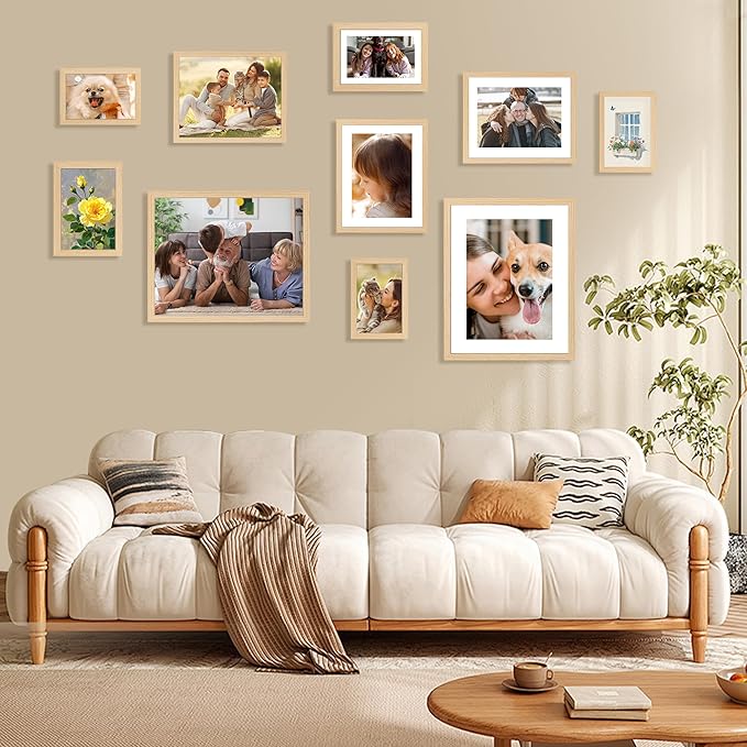 FIXSMITH 5x7 Picture Frame Set of 2, Photo Frame with HD Plexiglass, Display Pictures 4x6 with Mat or 5x7 Without Mat Multi Picture Frames Collage for Tabletop or Wall Display, Natural