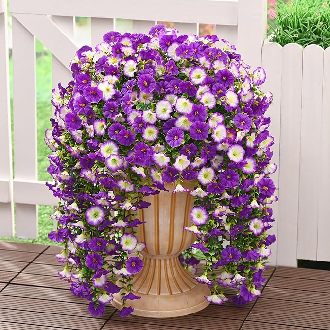 Dolicer 2 Packs Look Real Artificial Flowers for Outdoors, Fake Artificial Hanging Flowers for Outdoors Realistic UV Resistant Hanging Flowers Silk Petunia Faux Flowers for Porch Patio (Mixed Purple)