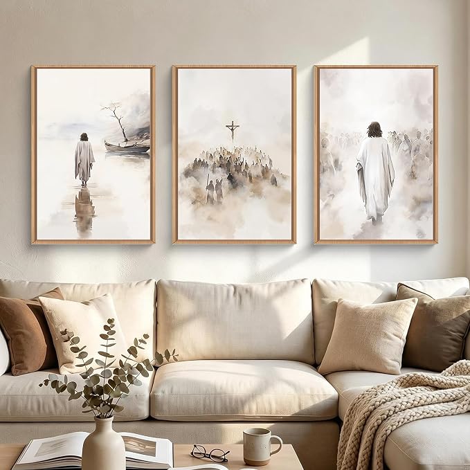 ARYROI Jesus Christ Walking On Water Framed Canvas Wall Art Set,Religious Christian Biblical Scenes Landscape Wall Decor,Watercolor Neutral Faith Scripture Cross Artwork for Living Room,Prayer Room,Church-24"x36"x3