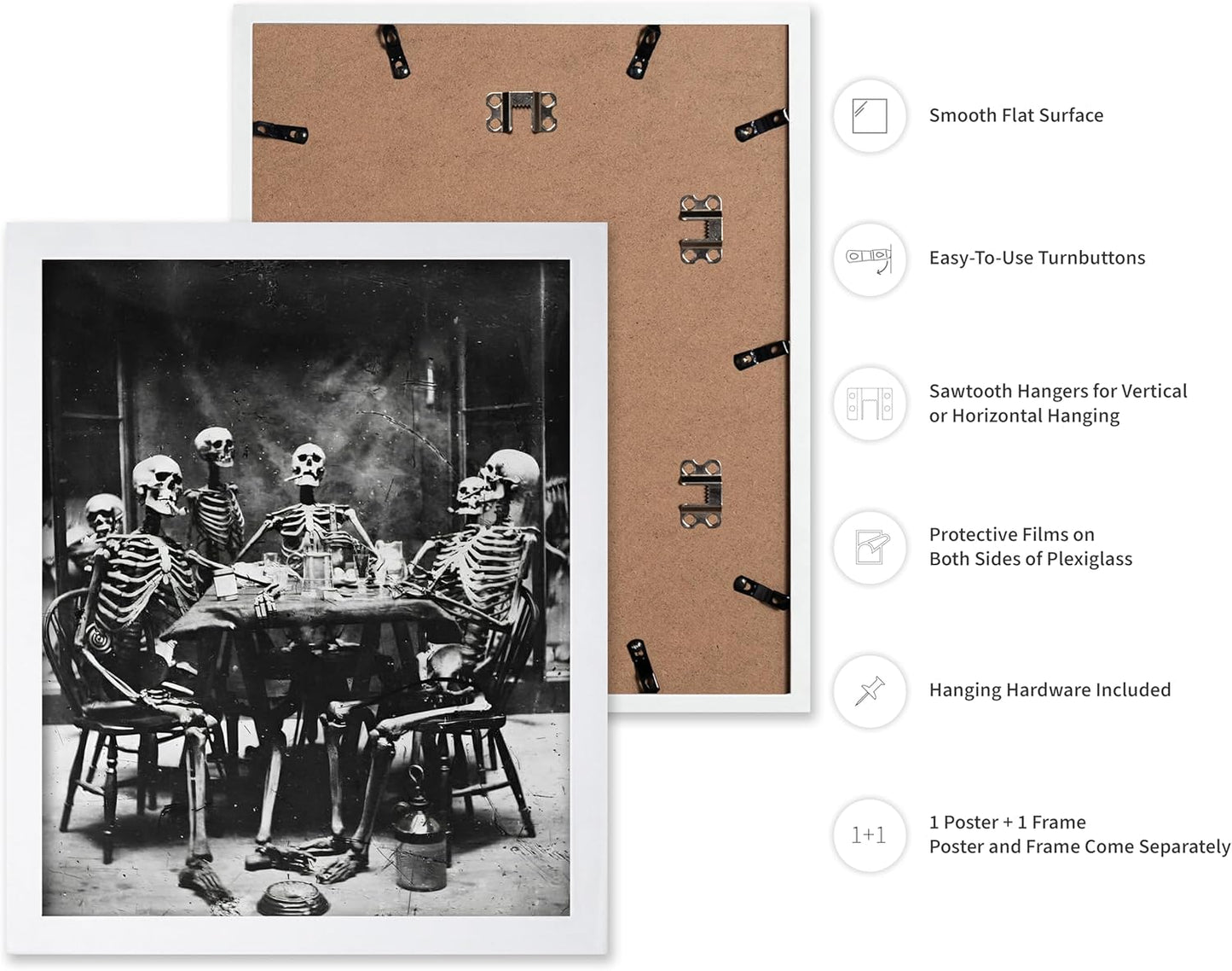 Poster Master Vintage Photograph Poster - Retro Daguerreotype Print - Gift for Artist, Friend - Skeletons Smoking at Table, Dinner Party, Goth - Wall Decor for Home, Dorm, 16x20 White Framed