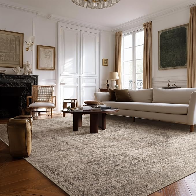 Machine Washable Rugs for Living Room: 8x10 Area Rugs for Bedroom Ultra Soft Non-Slip Low Pile Vintage Distress Boho Large Carpet for High-Traffic Dining Room - Farmhouse Decor
