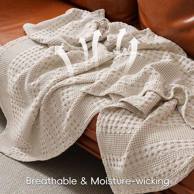 PHF 100% Cotton Waffle Blanket Twin Size for College Dorm, Lightweight Breathable and Soft for Summer, Luxury Aesthetic Waffle Weave Blanket for Bed & Gifts for Women, 66"x90", Light Taupe/Oatmeal