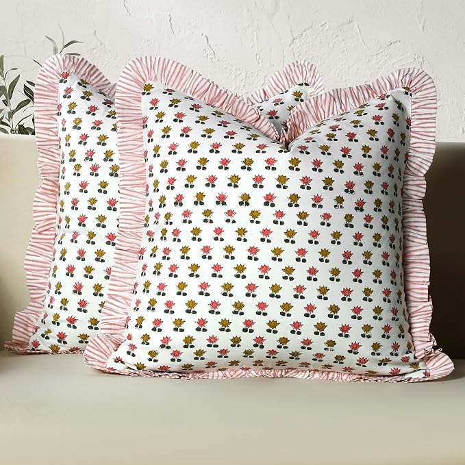 CPC Rosette Bloom Hand Block Print 100% Cotton Ruffle Throw Pillow Cover 18x18 inch with Hidden Zipper Decorative for Couch, Bed, Sofa, Farmhouse, Cottagecore Decor Gift Christmas Fall Thanksgiving
