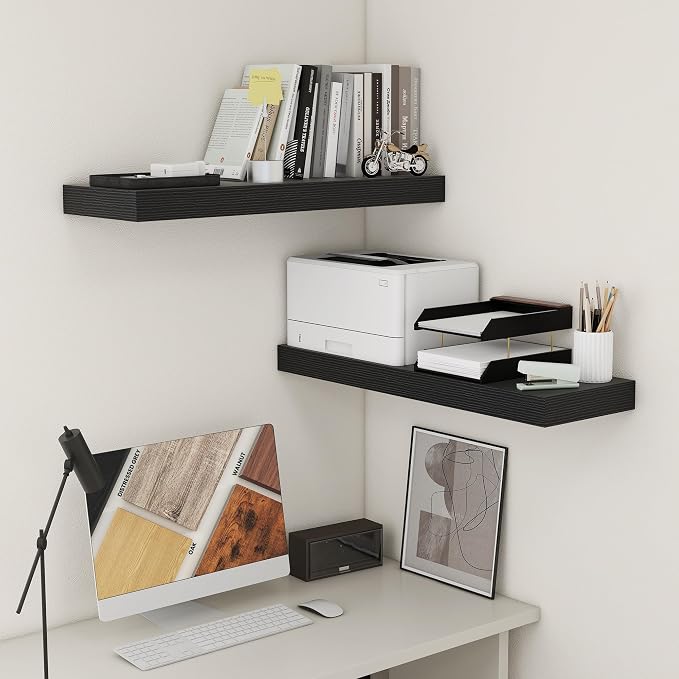 FLYJOE 12'' Deep Floating Shelves, 36 Inch Black Floating Shelves Set of 2, 36''x 12'' x 2'' Rustic Black Wood Shelves, Include Metal Brackets and Hardware, 45Lbs Load Bearing Capacity