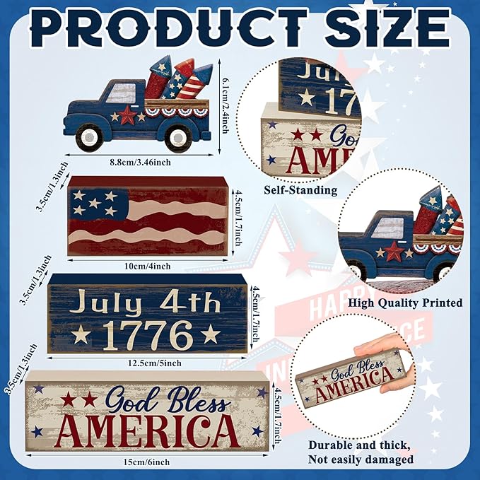 CroBlissful 4 Pcs 4th of July Decorations Patriotic Memorial Day Tabletop Decorations Red White Blue Table Centerpieces Sign for Office Tiered Tray Home Shelf 250th Anniversary(Truck)